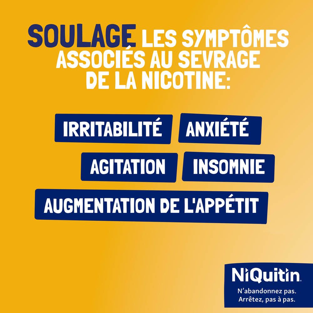 Soulagement des symptômes de sevrage par Niquitin: irritabilité, anxiété, agitation, insomnie, appétit.