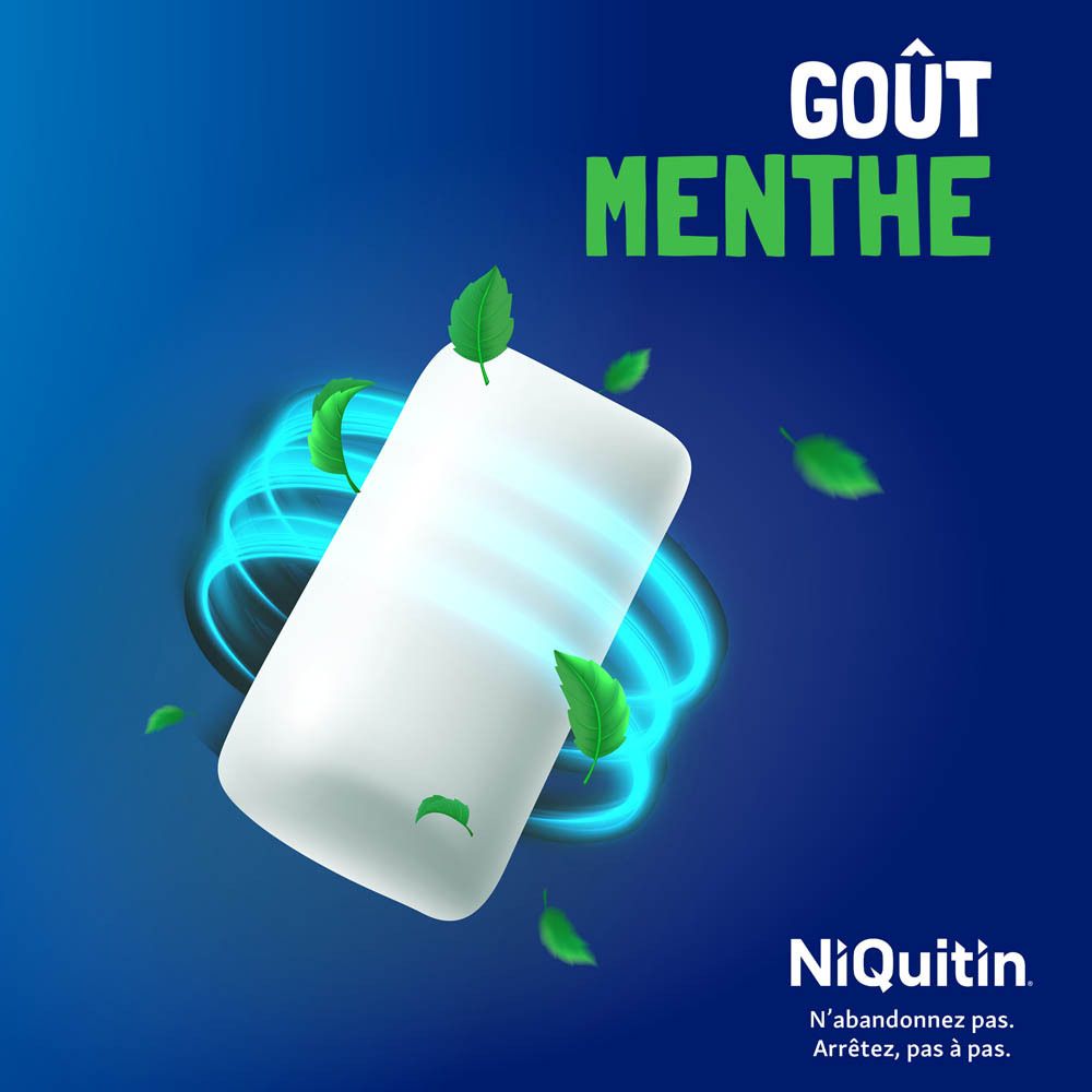 Chewing-gum Niquitin Freshmint goût menthe. Chewing-gum unique avec feuilles de menthe.