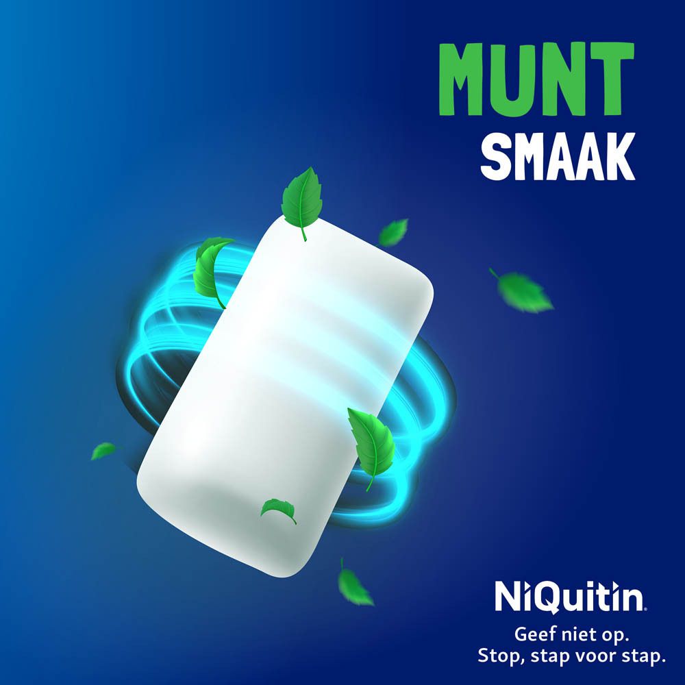 Niquitin Freshmint kauwgom met muntsmaak. Enkele kauwgom met muntblaadjes.