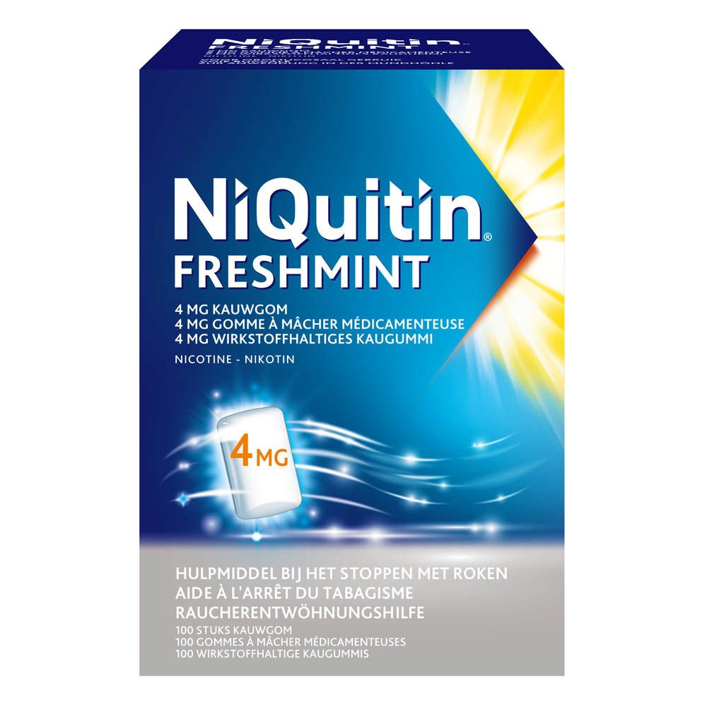 Boîte bleue et blanche avec logo "NiQuitin Freshmint". Contient 4mg de gomme à mâcher. Texte multilingue.