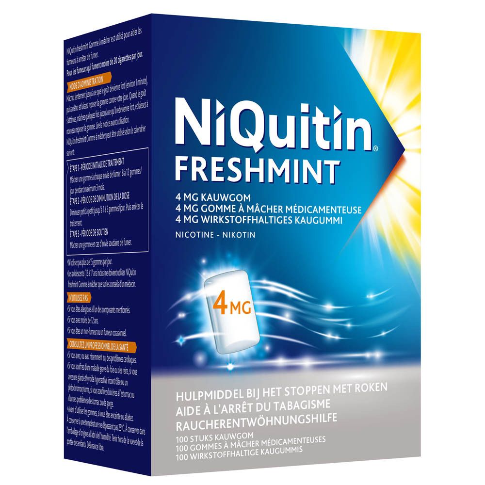Boîte bleue avec logo "NiQuitin Freshmint". Contient 4mg de gomme à mâcher. Texte multilingue et illustration.