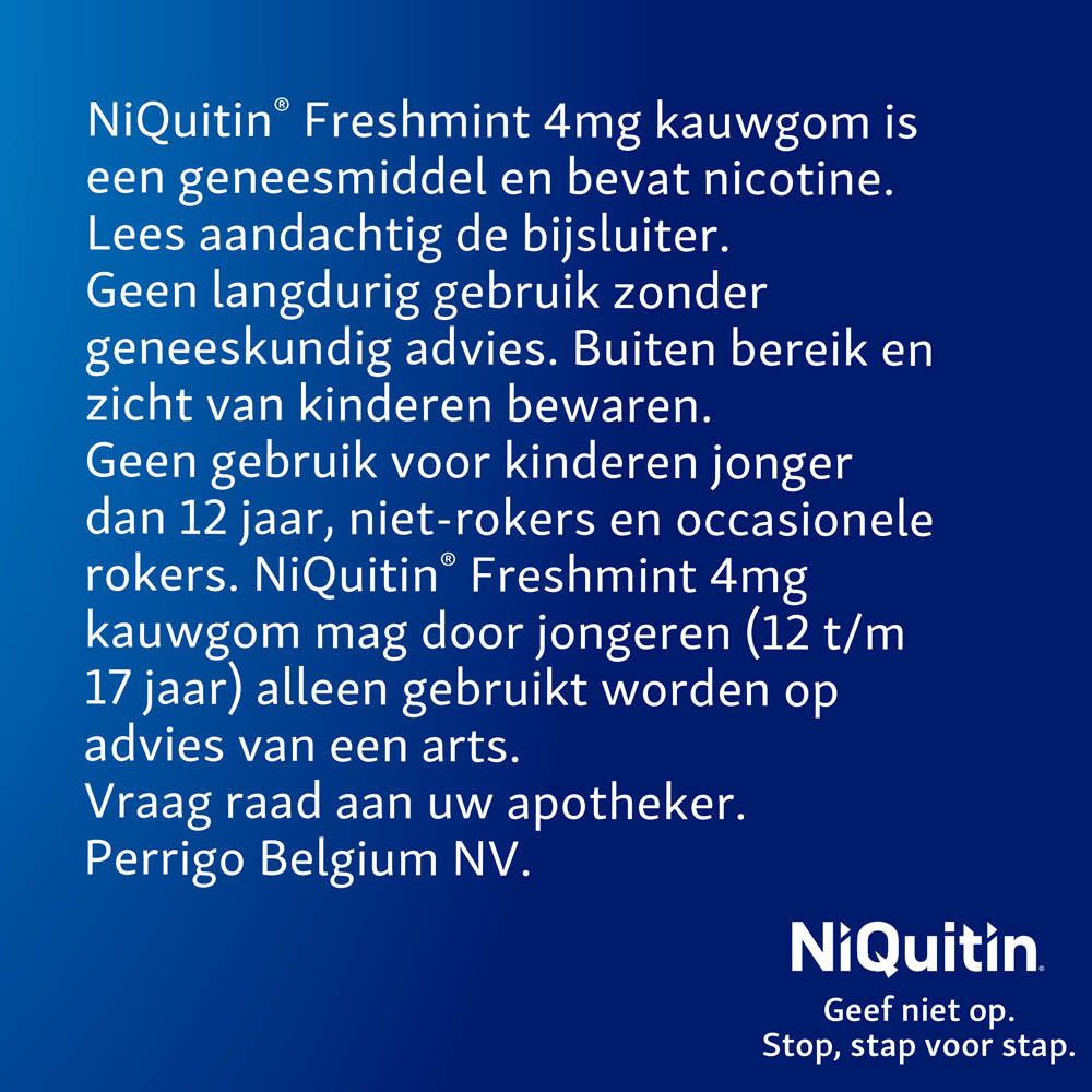 Tekst op blauwe achtergrond. Informatie over het gebruik van Niquitin Freshmint 4mg kauwgom.