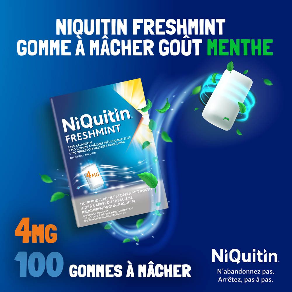 Visuel publicitaire. Chewing-gum Niquitin Freshmint, 4mg, 100 gommes. Image de chewing-gum et feuilles de menthe.