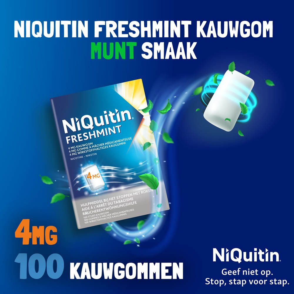 Reclamebeeld. Niquitin Freshmint kauwgom, 4mg, 100 stuks. Kauwgom afbeelding met muntblaadjes.