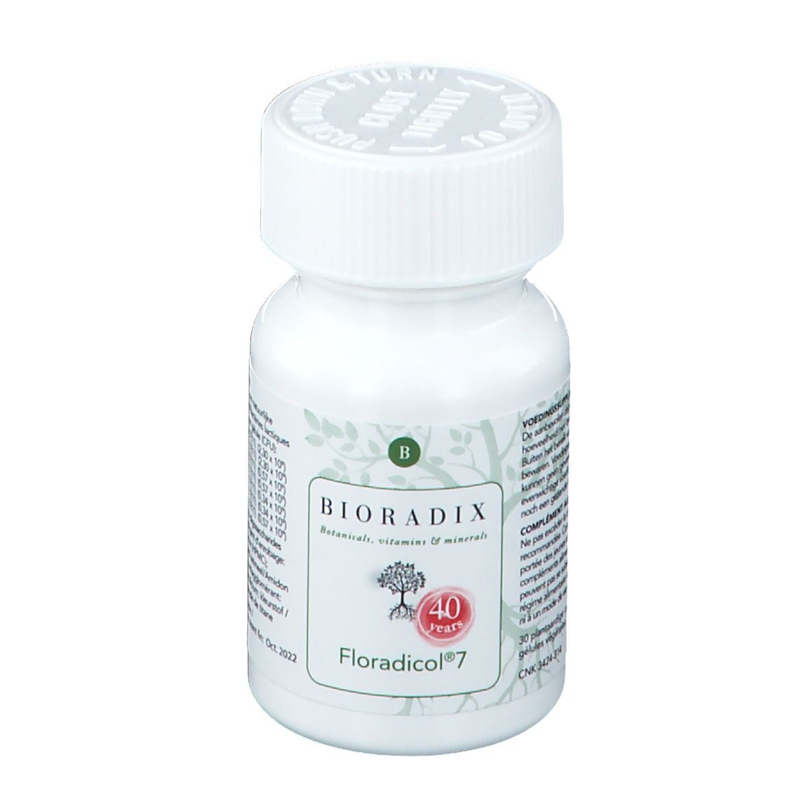 Witte fles met schroefdop. Opschrift: Bioradix, Floradicol 7. Bevat 40 jaar logo. Bladdecoratie.