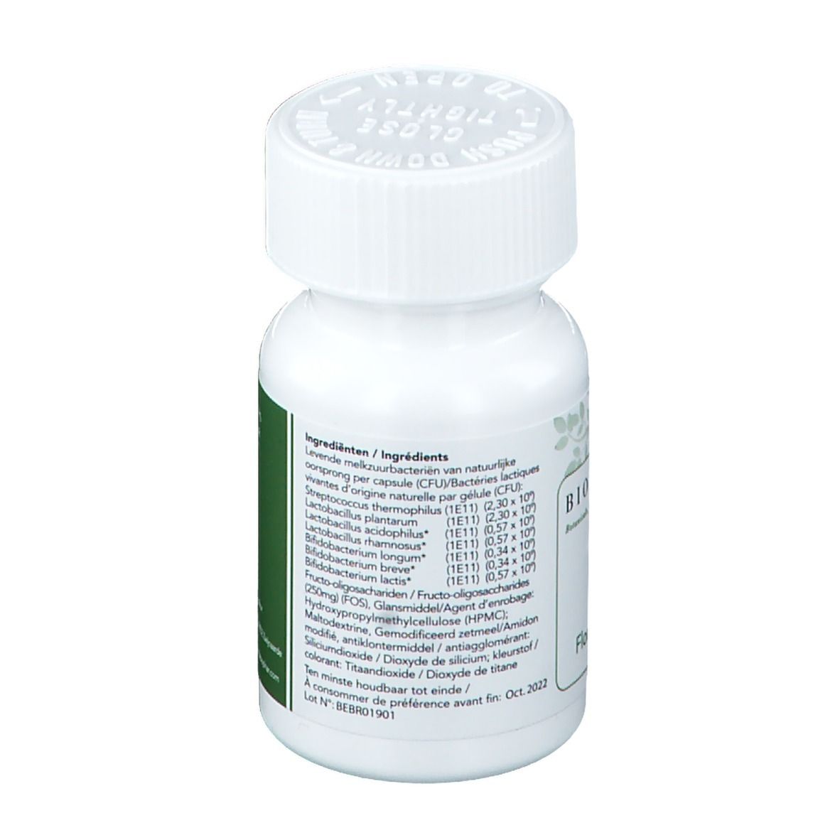 Witte fles met schroefdop. Groen etiket met ingrediënten. Bevat informatie over ingrediënten en bacteriën.