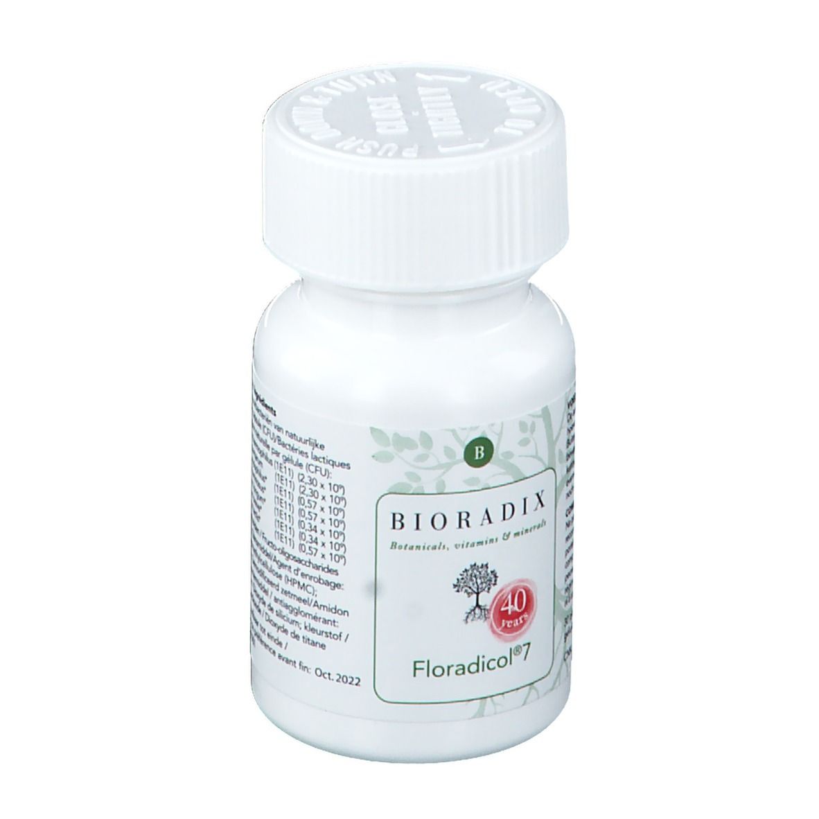 Witte fles met schroefdop. Opschrift: Bioradix, Floradicol 7. Bevat 40 jaar logo. Bladdecoratie.