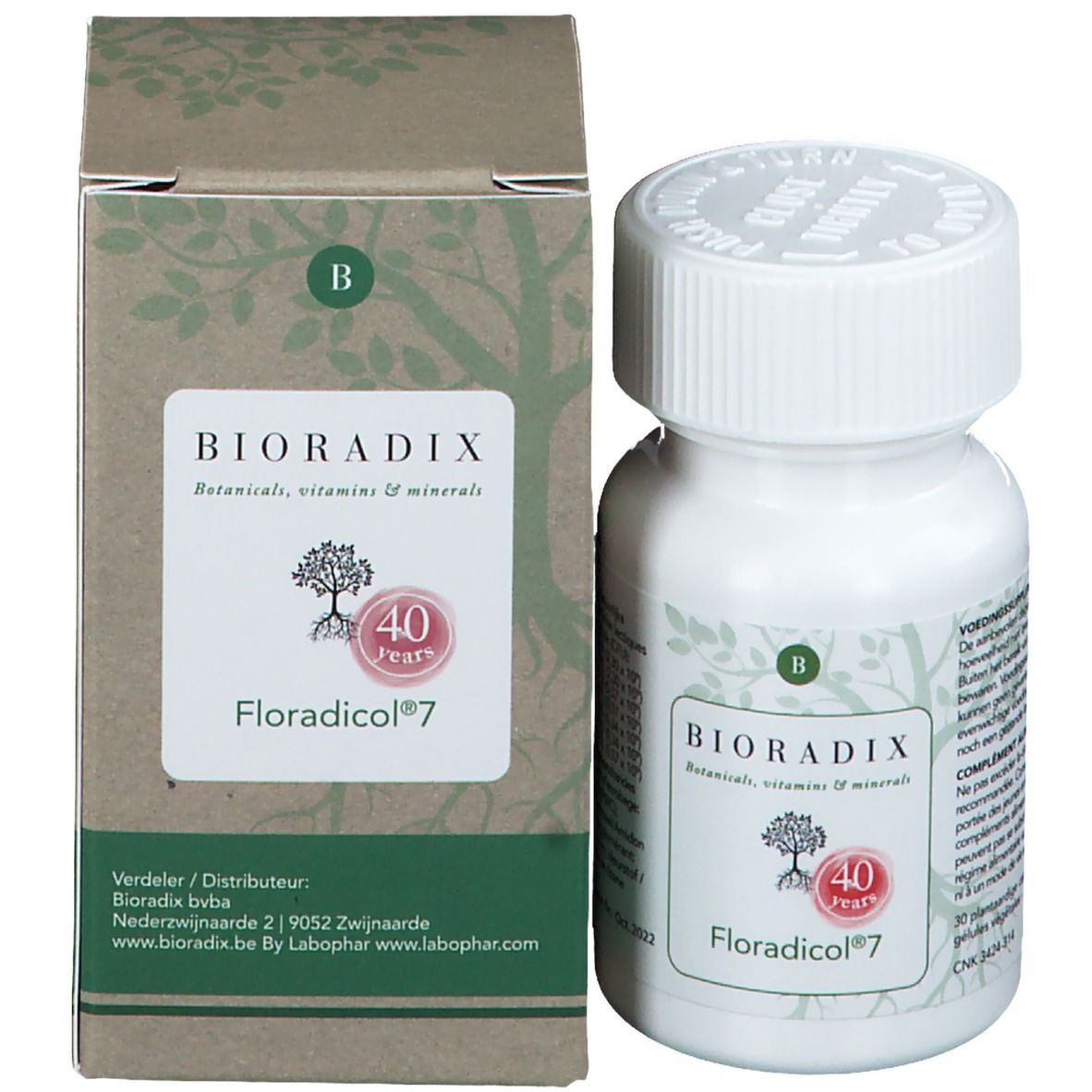 Productverpakking met fles. Bruine doos met opschrift: Bioradix, Floradicol 7. Bevat 40 jaar logo. Fles ernaast.
