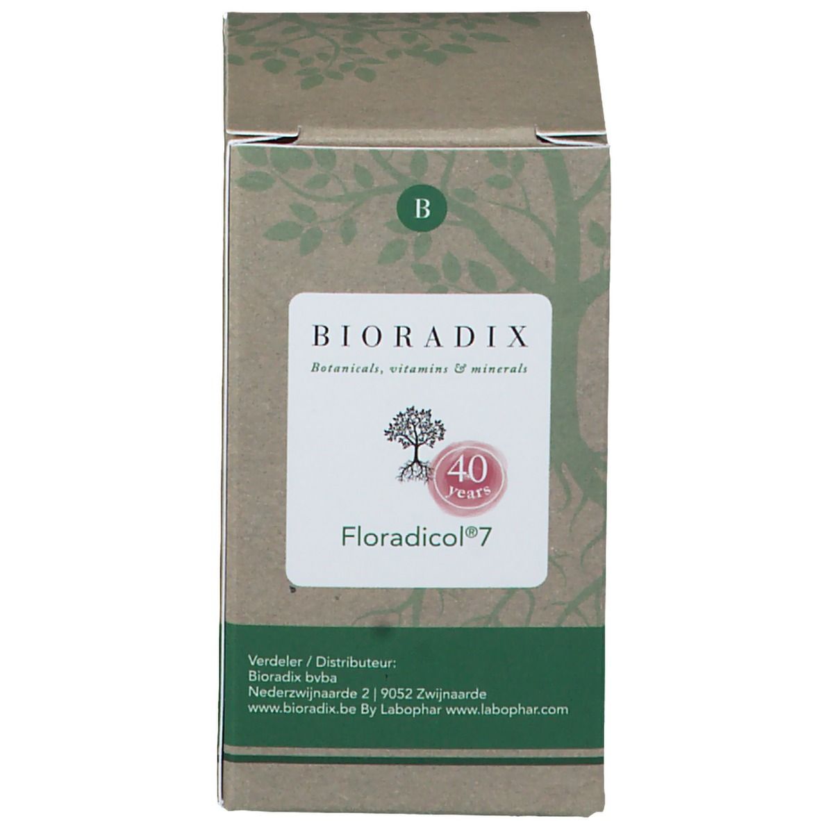 Bruine doos met opschrift: Bioradix, Floradicol 7. Bevat 40 jaar logo. Bladdecoratie. Fabrikanteninformatie.