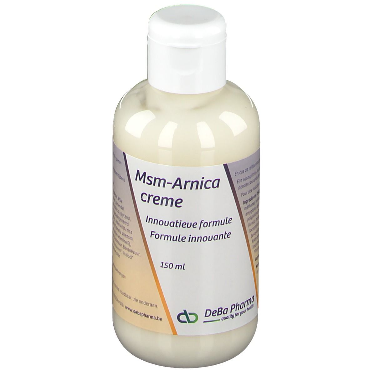 Crèmefles met witte dop. Opschrift: Msm-Arnica crème, 150 ml. DeBa Pharma logo.