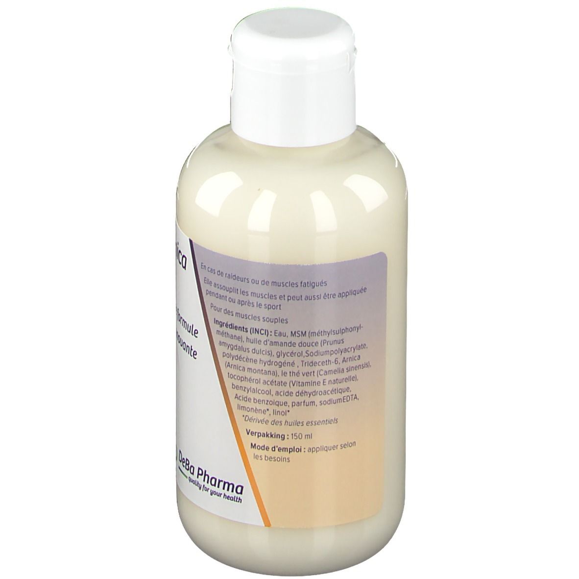 Achterkant van de crèmefles. Tekst: Ingrediënten, gebruiksaanwijzing. DeBa Pharma logo.