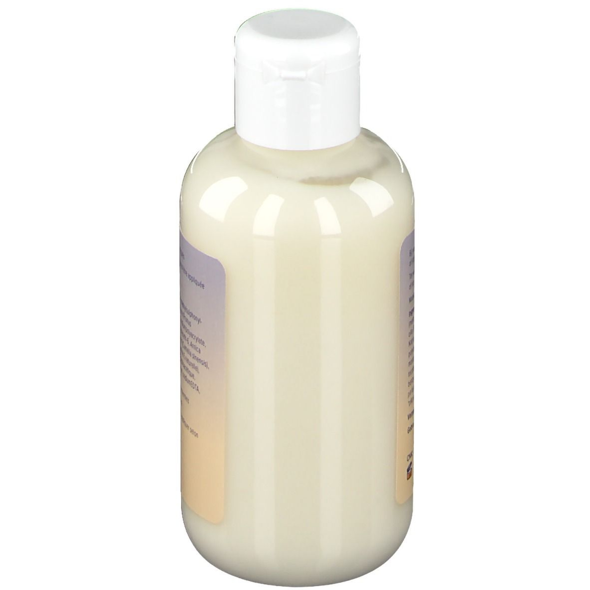 Crèmefles, zijaanzicht. Witte dop, crèmekleurige vloeistof. Etiket met tekst.