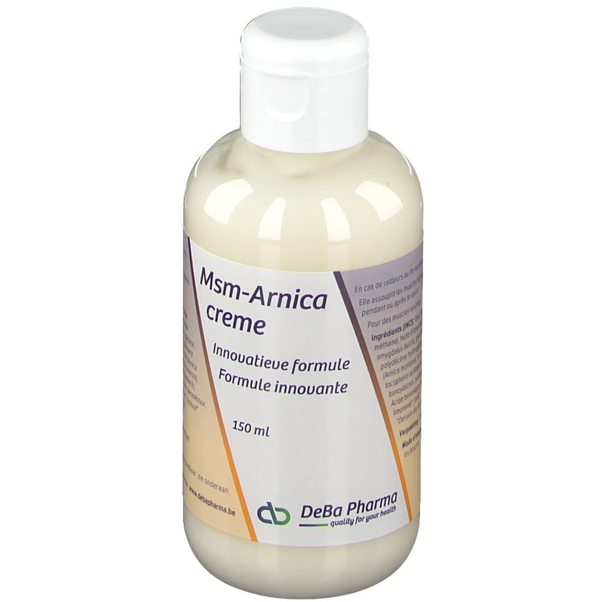 Crèmefles met witte dop. Opschrift: Msm-Arnica crème, 150 ml. DeBa Pharma logo.