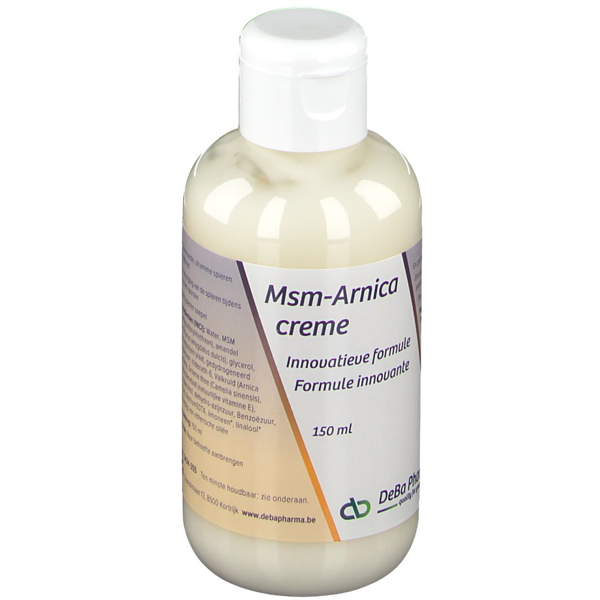 Crèmefles met witte dop. Opschrift: Msm-Arnica crème, 150 ml. DeBa Pharma logo.