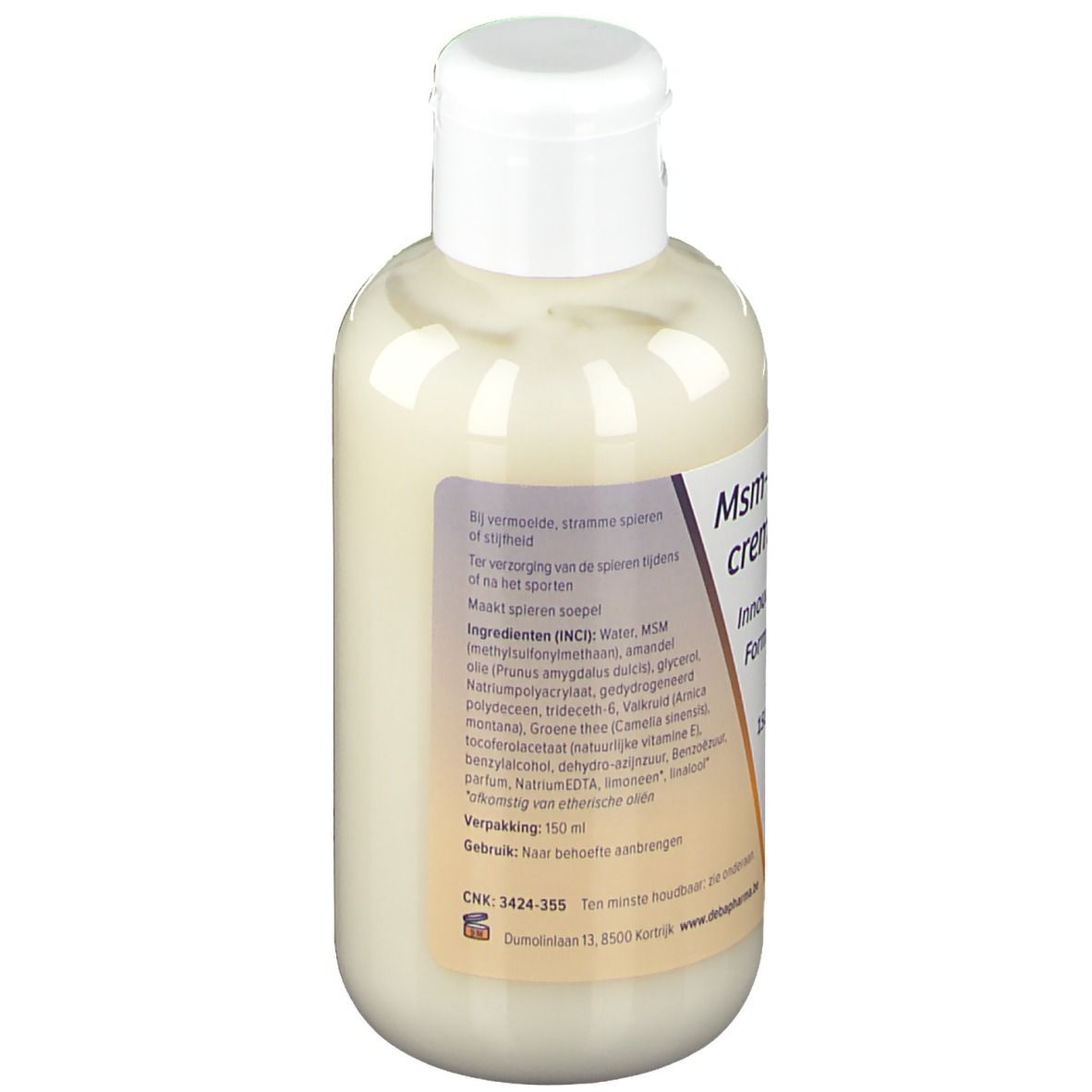 Achterkant van de crèmefles. Tekst: Ingrediënten, gebruiksaanwijzing. DeBa Pharma logo.