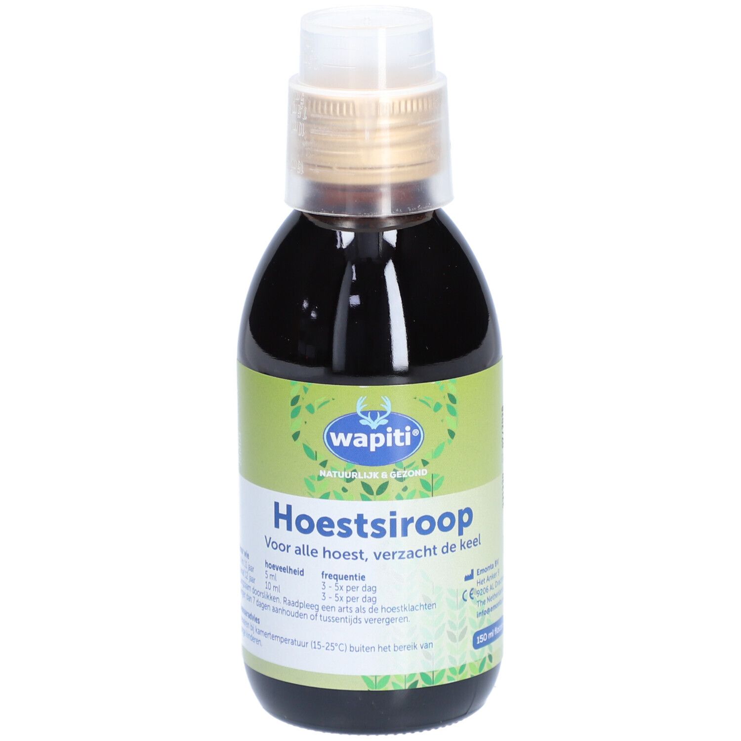 Liquide brun dans une bouteille avec bouchon doseur. Inscription: Wapiti, Hoestsiroop. Étiquette avec informations de dosage.