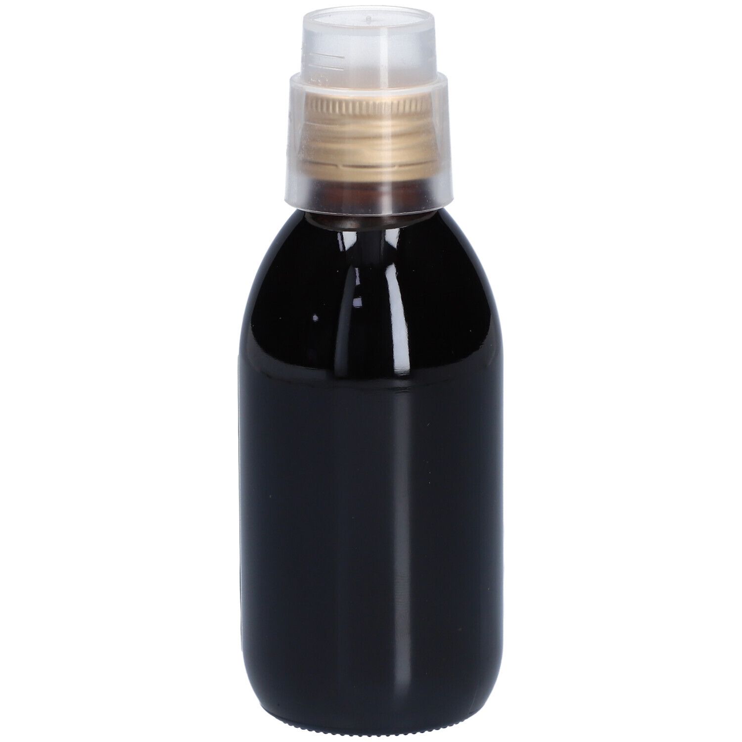 Liquide brun dans une bouteille avec bouchon doseur. Inscription: Wapiti, Hoestsiroop. Étiquette avec informations de dosage.