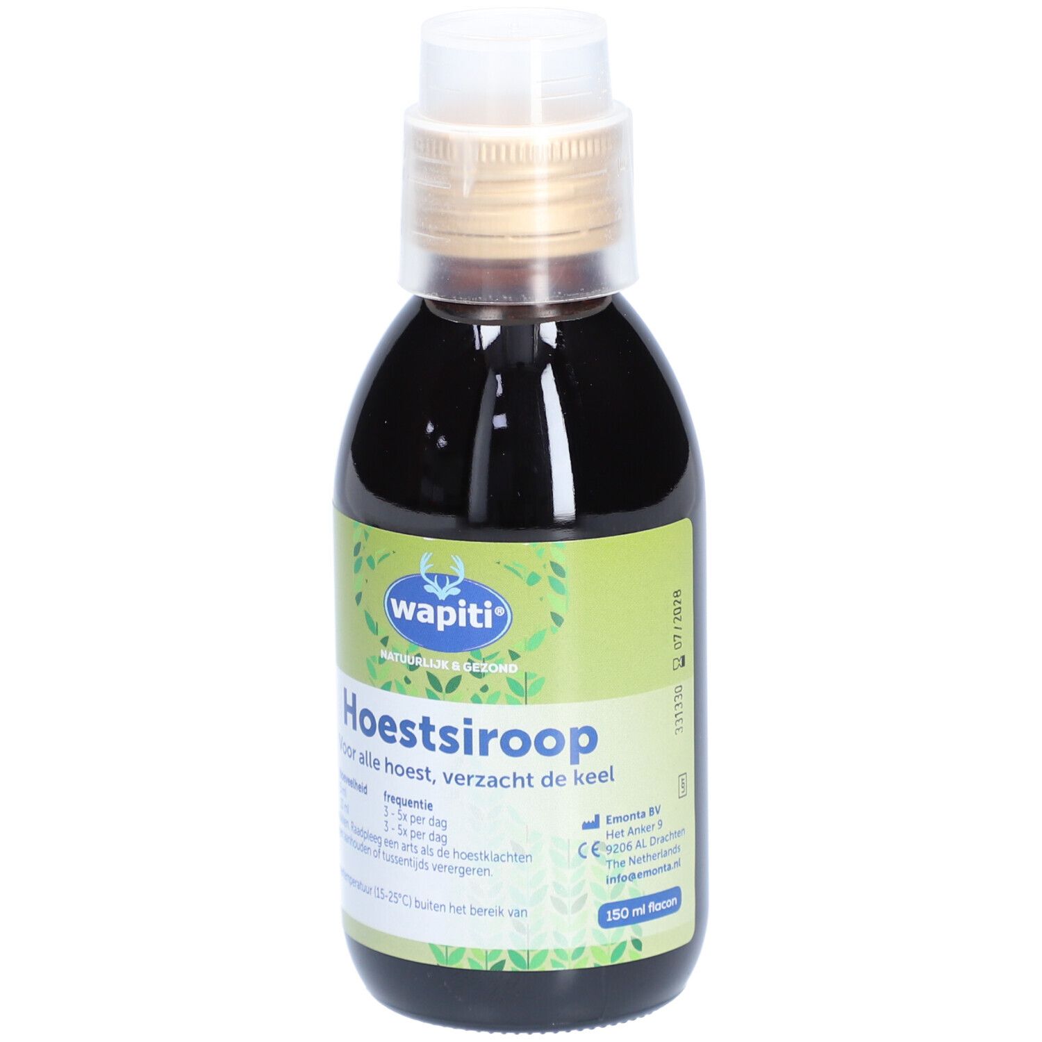 Liquide brun dans une bouteille avec bouchon doseur. Inscription: Wapiti, Hoestsiroop. Étiquette avec informations de dosage.