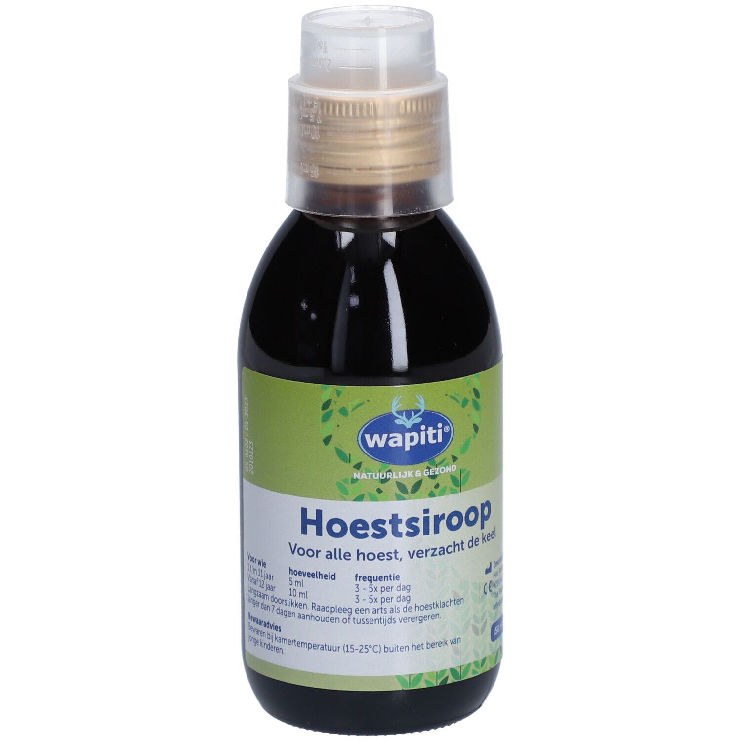 Liquide brun dans une bouteille avec bouchon doseur. Inscription: Wapiti, Hoestsiroop. Étiquette avec informations de dosage.