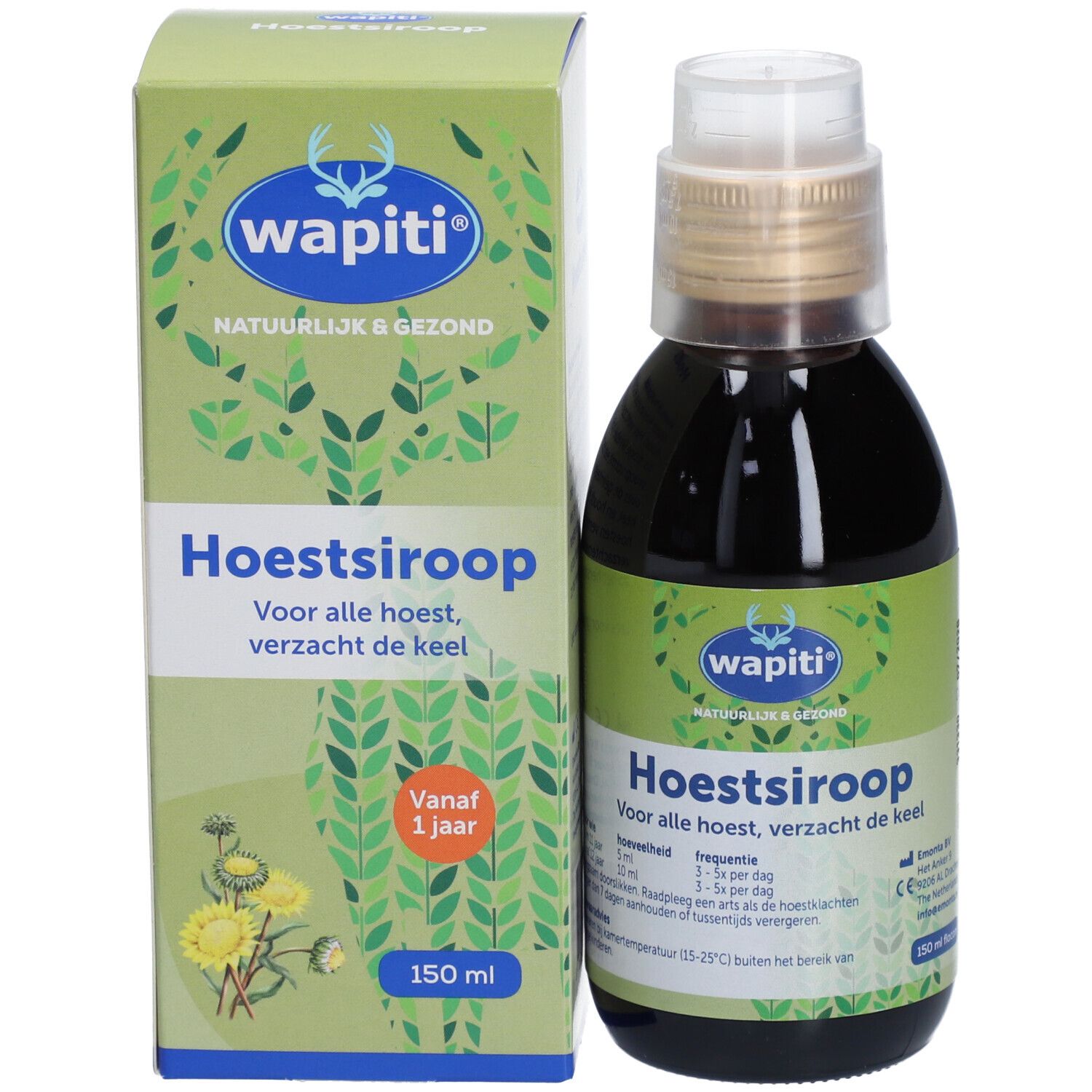 Bouteille et boîte de sirop contre la toux. Inscription: Wapiti, Hoestsiroop. Boîte avec feuilles vertes et fleurs jaunes.