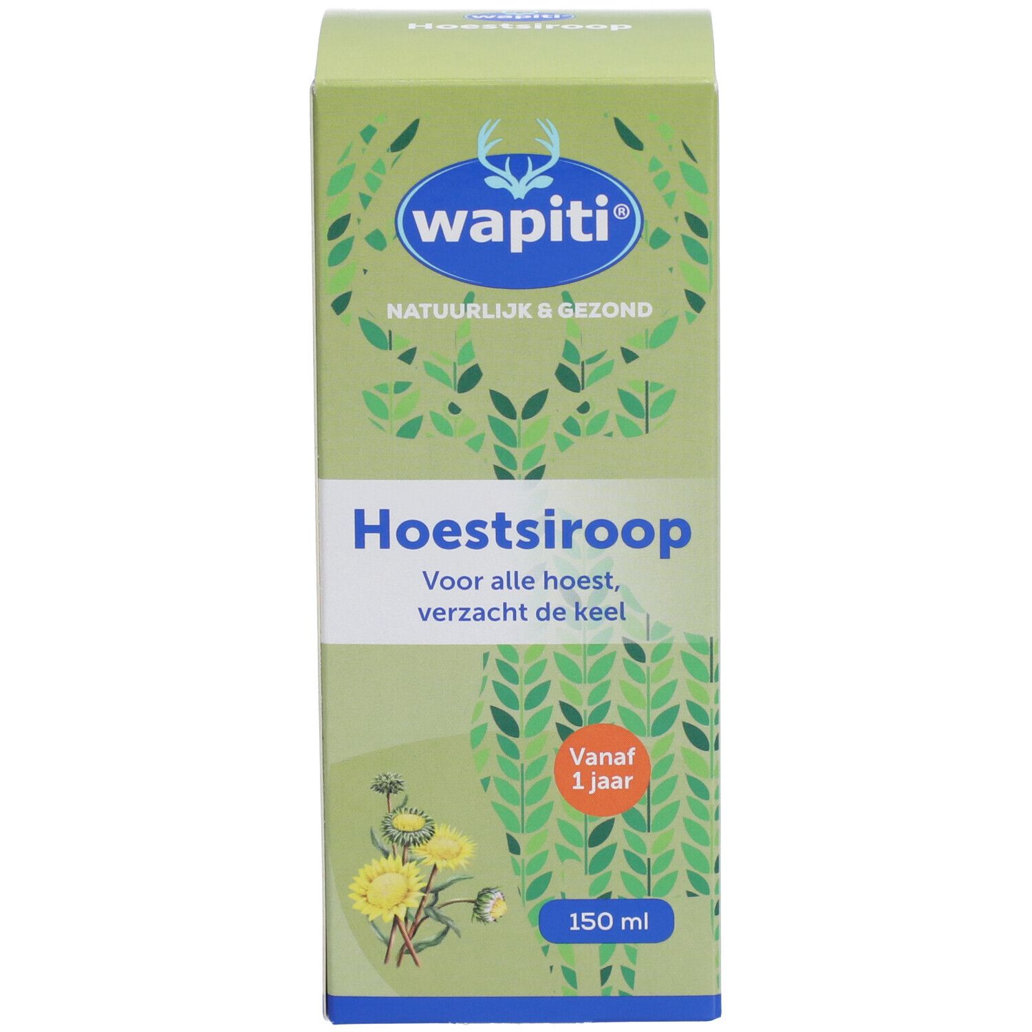Boîte de sirop contre la toux. Inscription: Wapiti, Hoestsiroop. Avec feuilles vertes et fleurs jaunes. Dès 1 an.