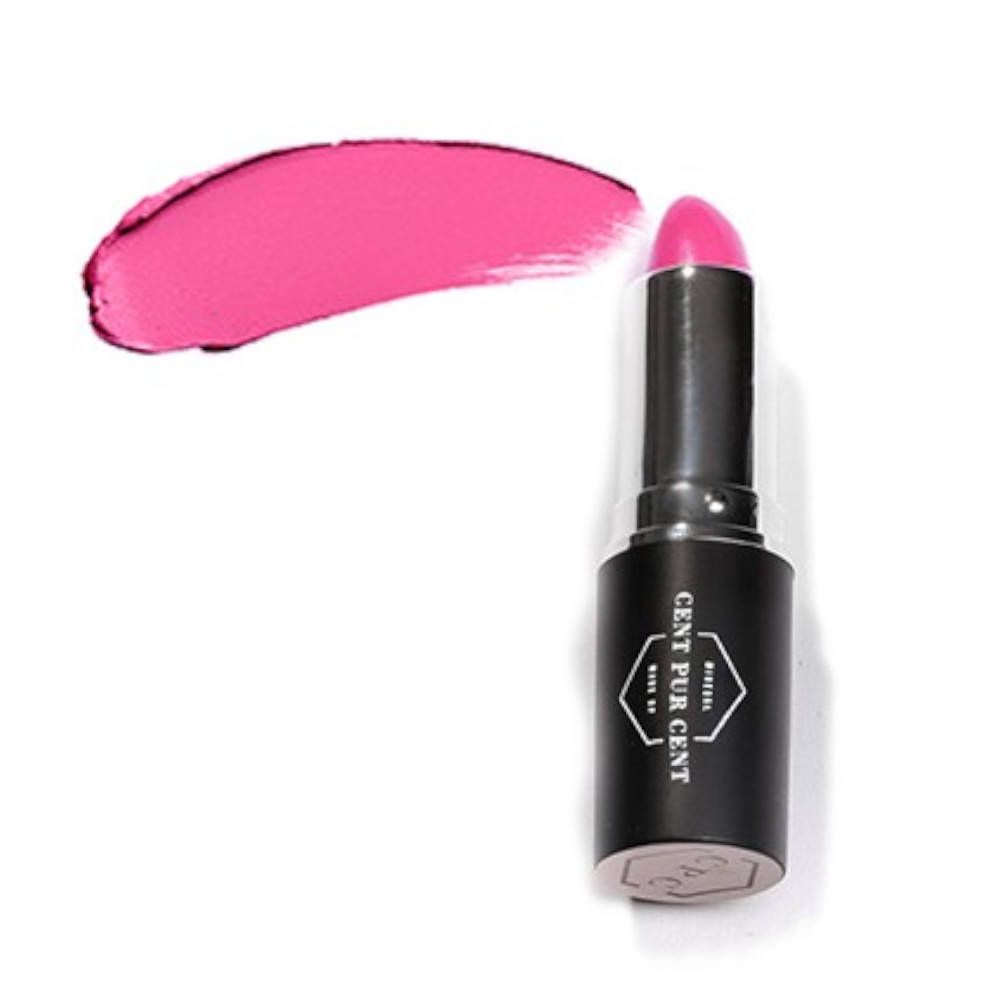Roze lippenstift met zwarte huls en een veeg kleur. Op de huls staat "CENT PUR CENT".
