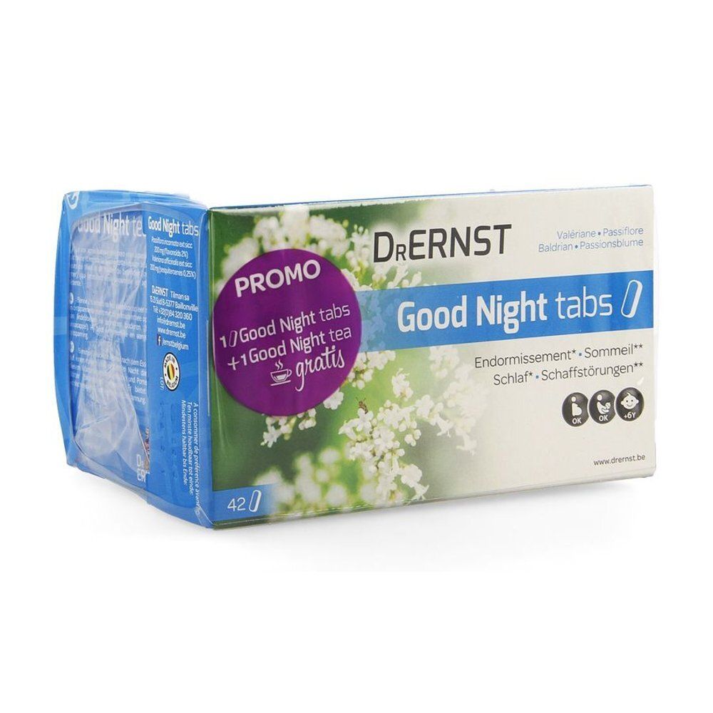 Verpakking Dr. Ernst Good Night Tabs en thee. Blauwe en witte doos met naam en logo. Bevat 42 tabletten.