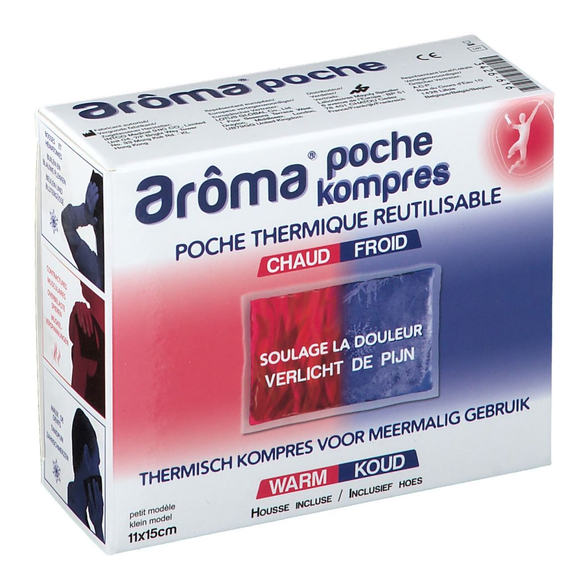 Compresse thermique Aroma poche, 11x15cm. Emballage avec indications chaud/froid. Texte: "Soulage la douleur".