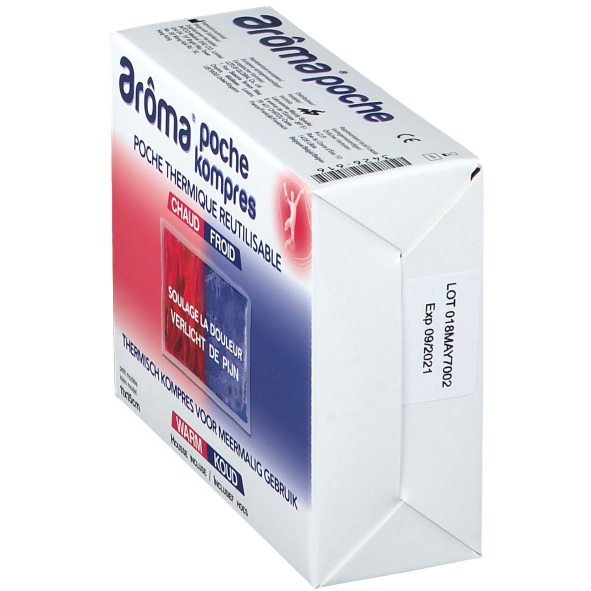 Boîte de compresse thermique Aroma poche. Dimensions 11x15cm. Date de péremption. Inscriptions diverses.