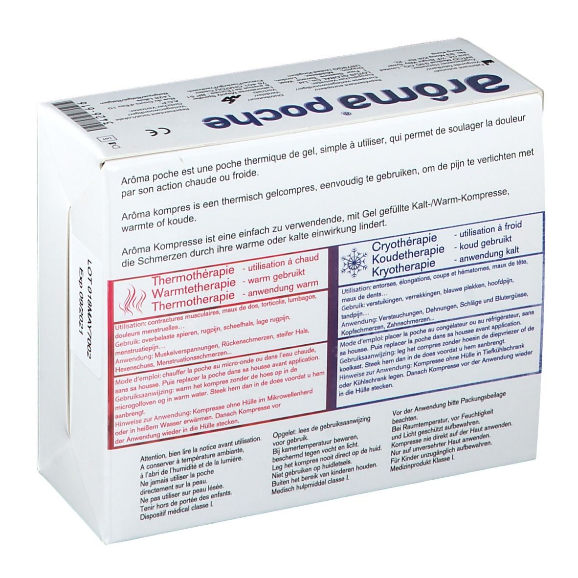 Dos de la boîte de compresse thermique Aroma poche. Textes multilingues. Informations d'utilisation.