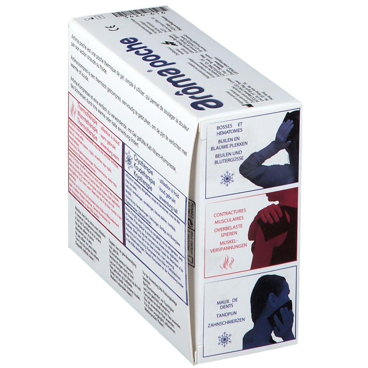 Boîte de compresse thermique Aroma poche. Illustrations d'utilisation. Textes multilingues.