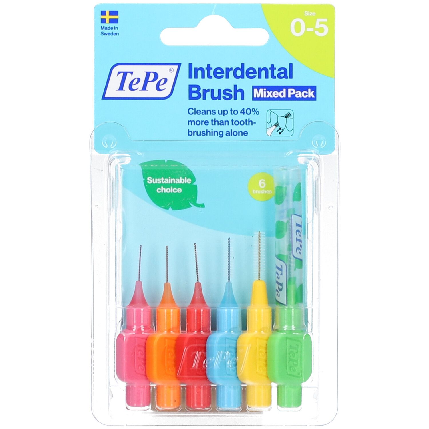 Interdentale borstels in blisterverpakking. Zes borstels met gekleurde handvatten. Maten: 0-5. Merk TePe.