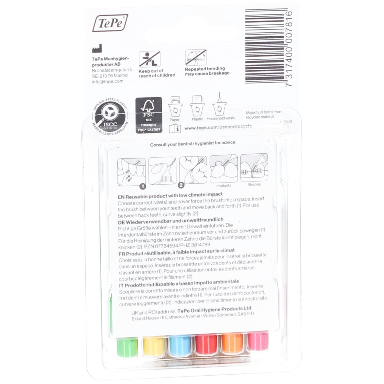 Achterkant van de blisterverpakking met informatie. Bevat instructies en informatie over herbruikbaarheid.