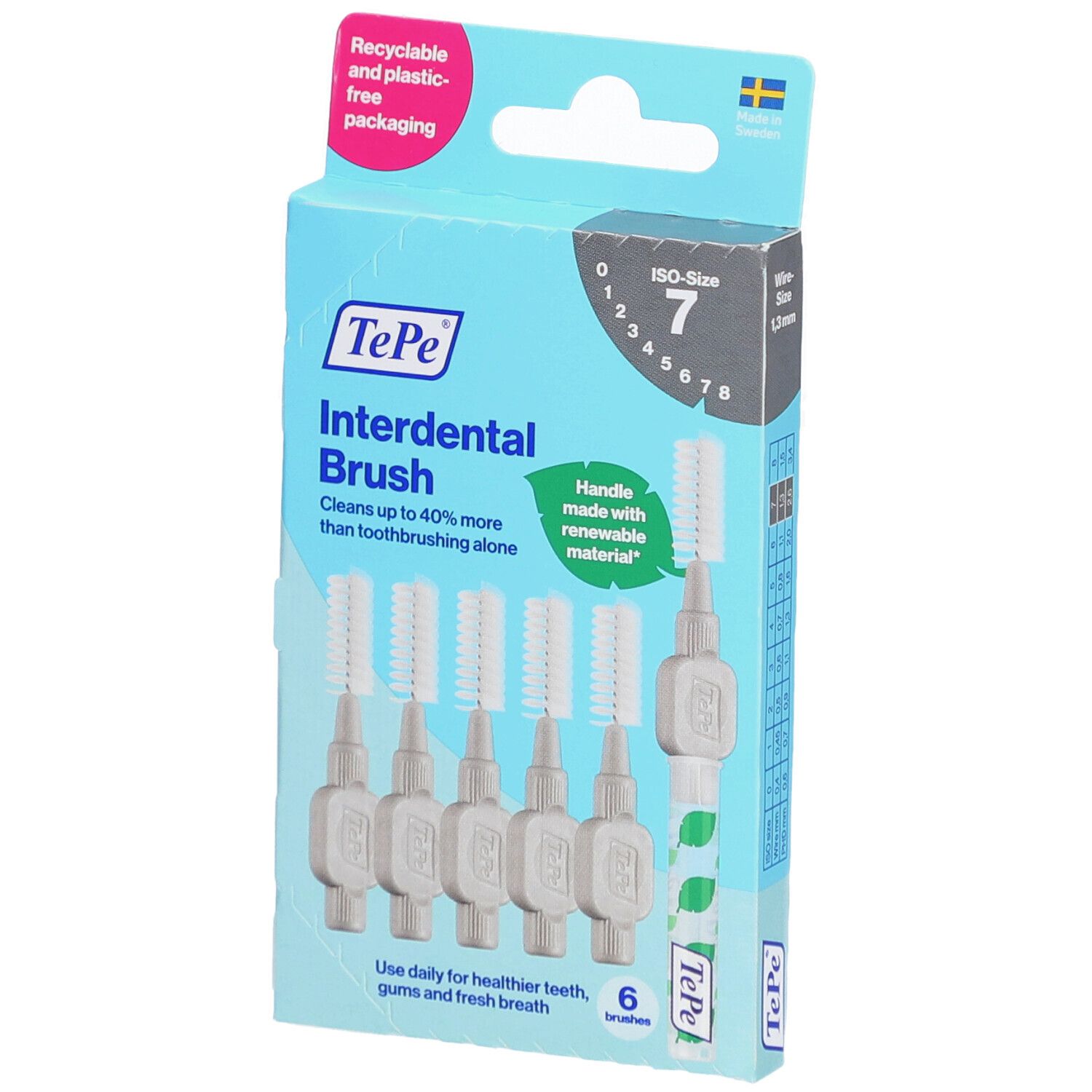 TePe Interdental Brush, taille 7. 6 brosses dans une boîte. Emballage recyclable et sans plastique. Manche en matériau renouvelable.