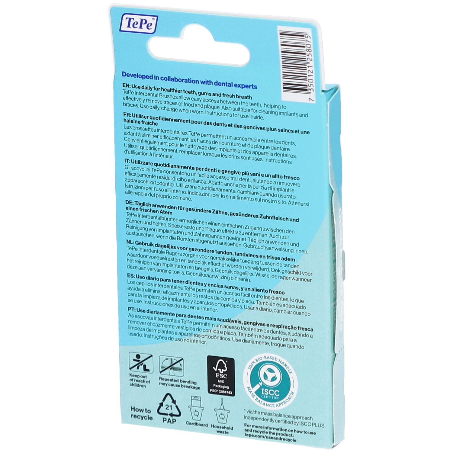 Dos de l'emballage TePe Interdental Brush. Informations en allemand, français, italien, néerlandais et portugais. Certification FSC.