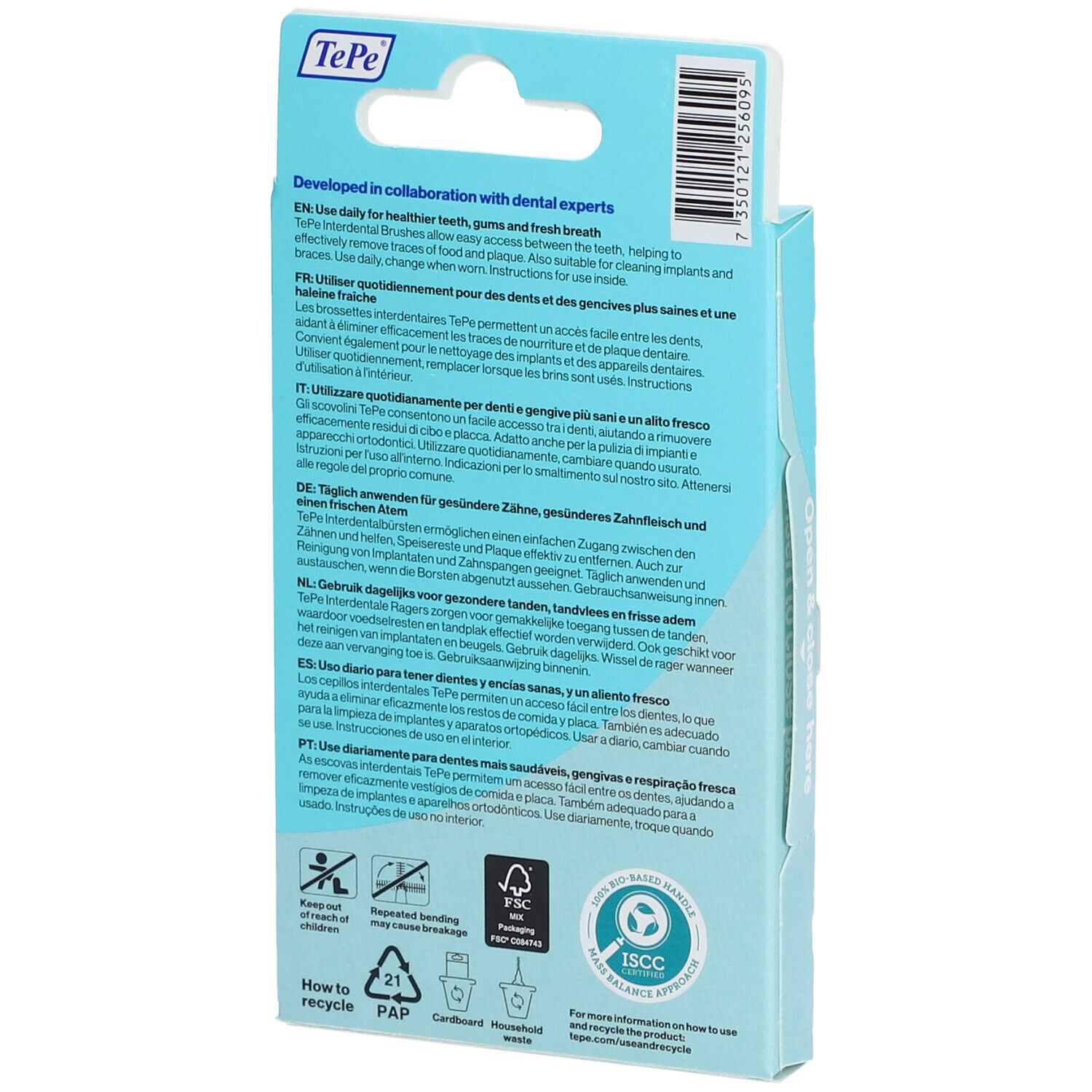 Vue latérale de l'emballage avec texte. Informations d'utilisation. Certification FSC.