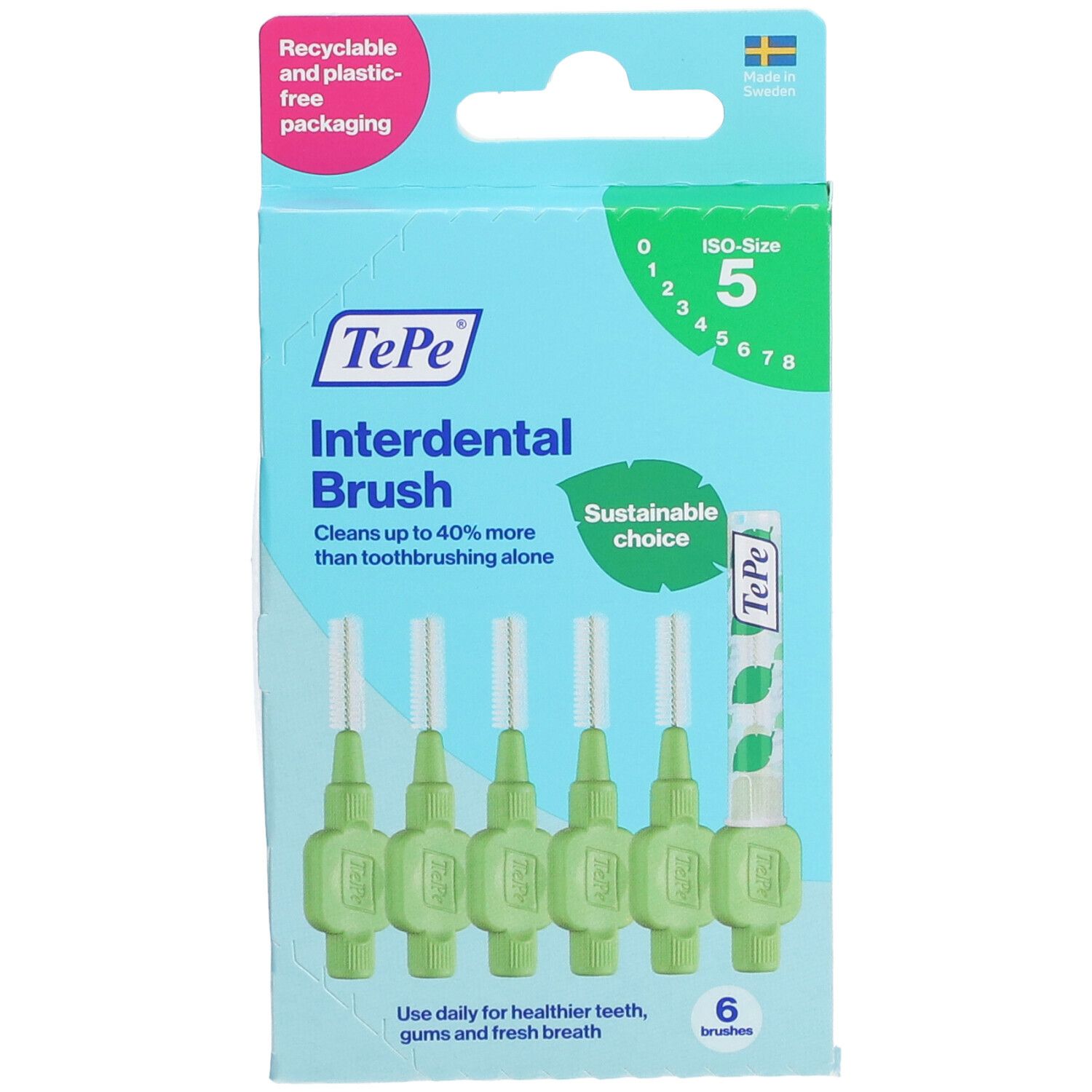 Paquet de 6 brossettes interdentaires vertes. Marque TePe. Nettoie jusqu'à 40% de plus. Choix durable.