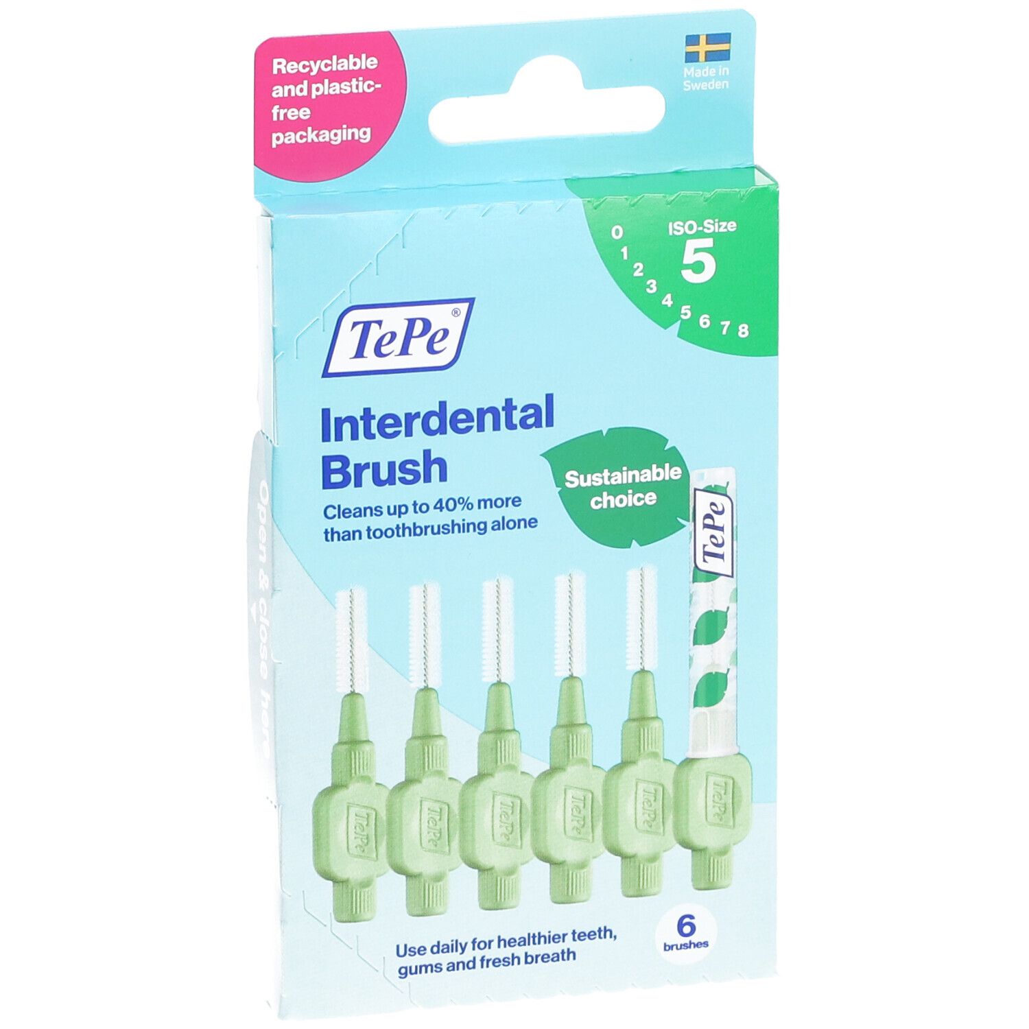 Paquet de 6 brossettes interdentaires vertes. Marque TePe. Nettoie jusqu'à 40% de plus. Choix durable.