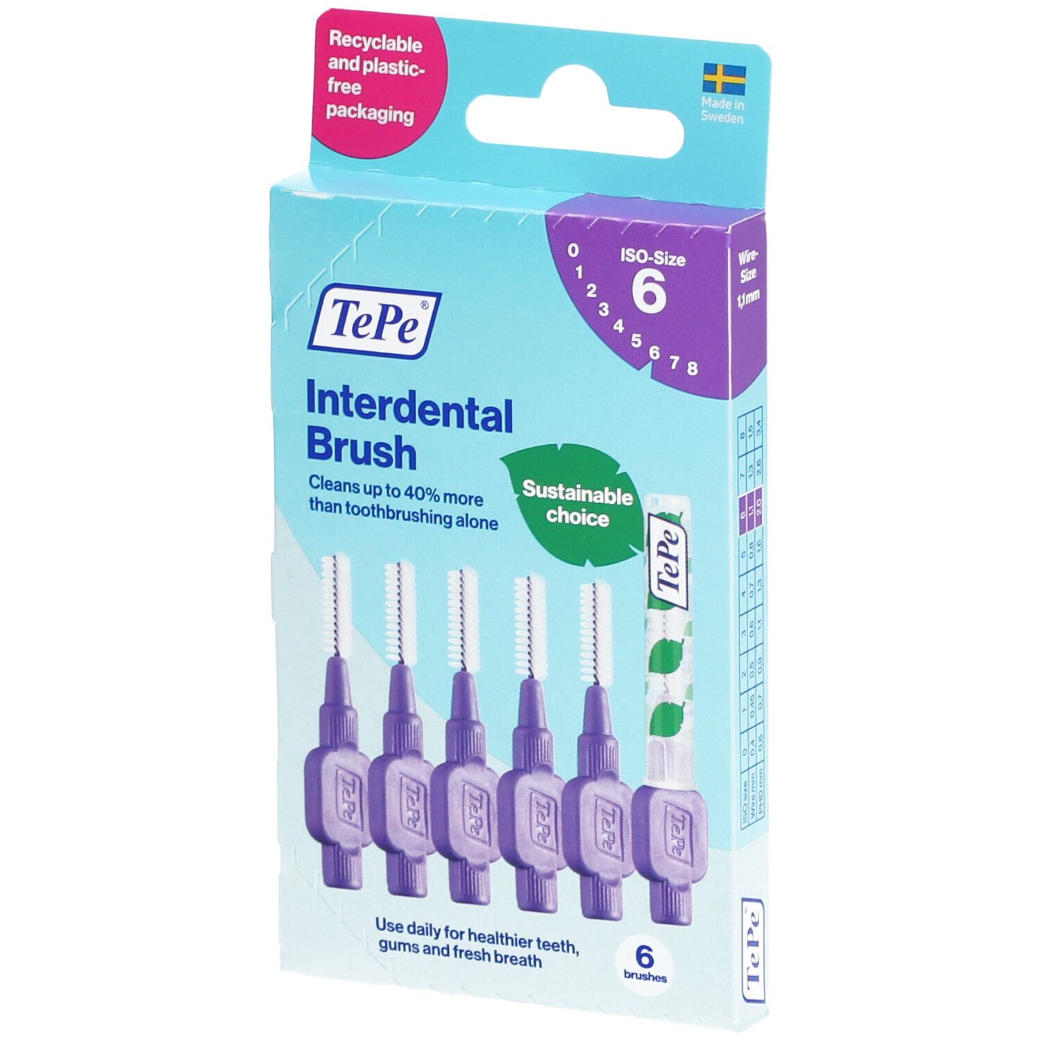 Boîte de 6 brossettes interdentaires. Brossettes lilas, brins blancs. Taille 6. Marque TePe. Choix durable.
