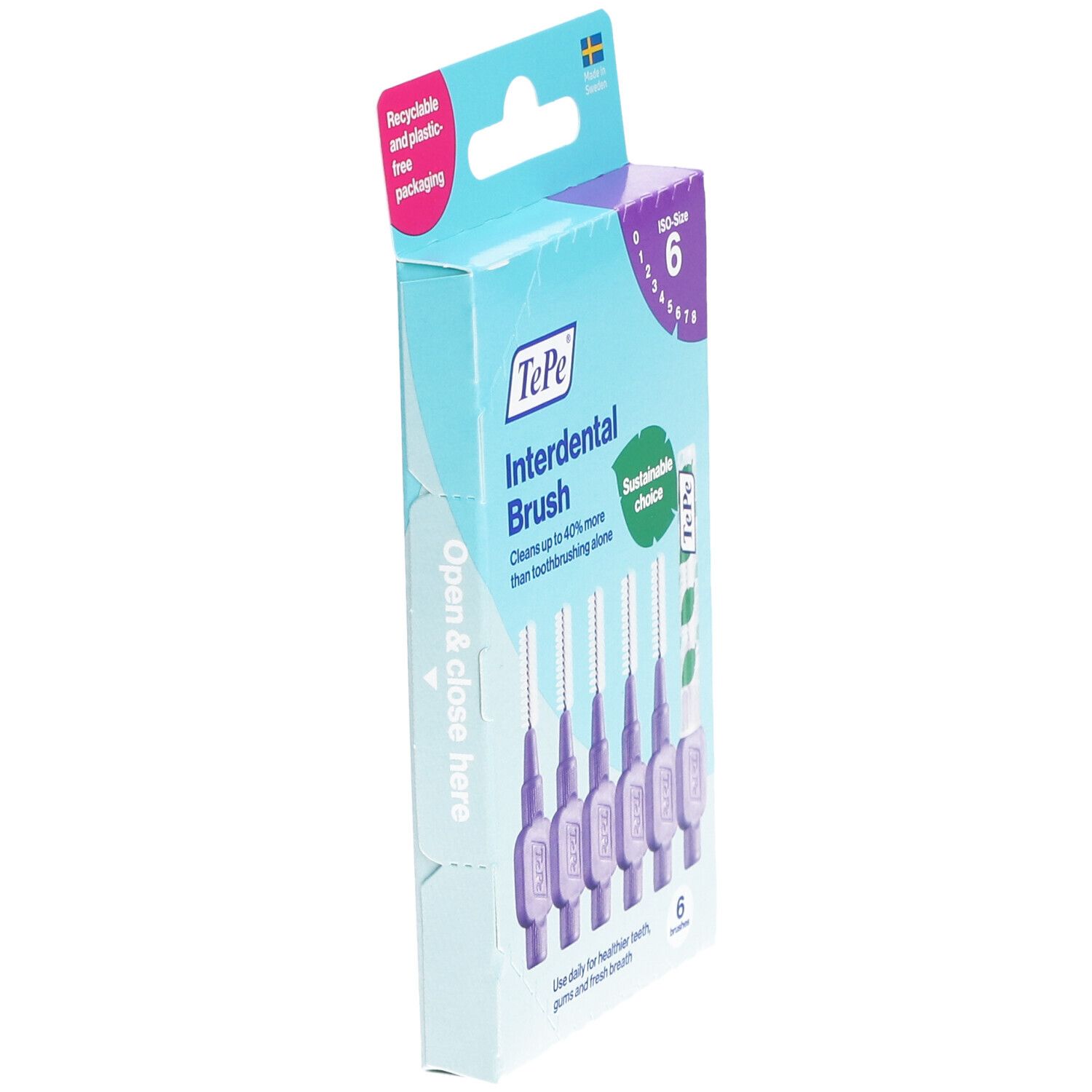 Boîte de 6 brossettes interdentaires. Brossettes lilas, brins blancs. Taille 6. Marque TePe. Choix durable.