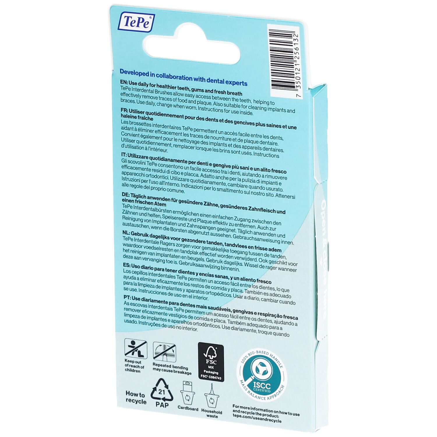 Boîte de 6 brossettes interdentaires. Brossettes lilas, brins blancs. Taille 6. Marque TePe. Choix durable.