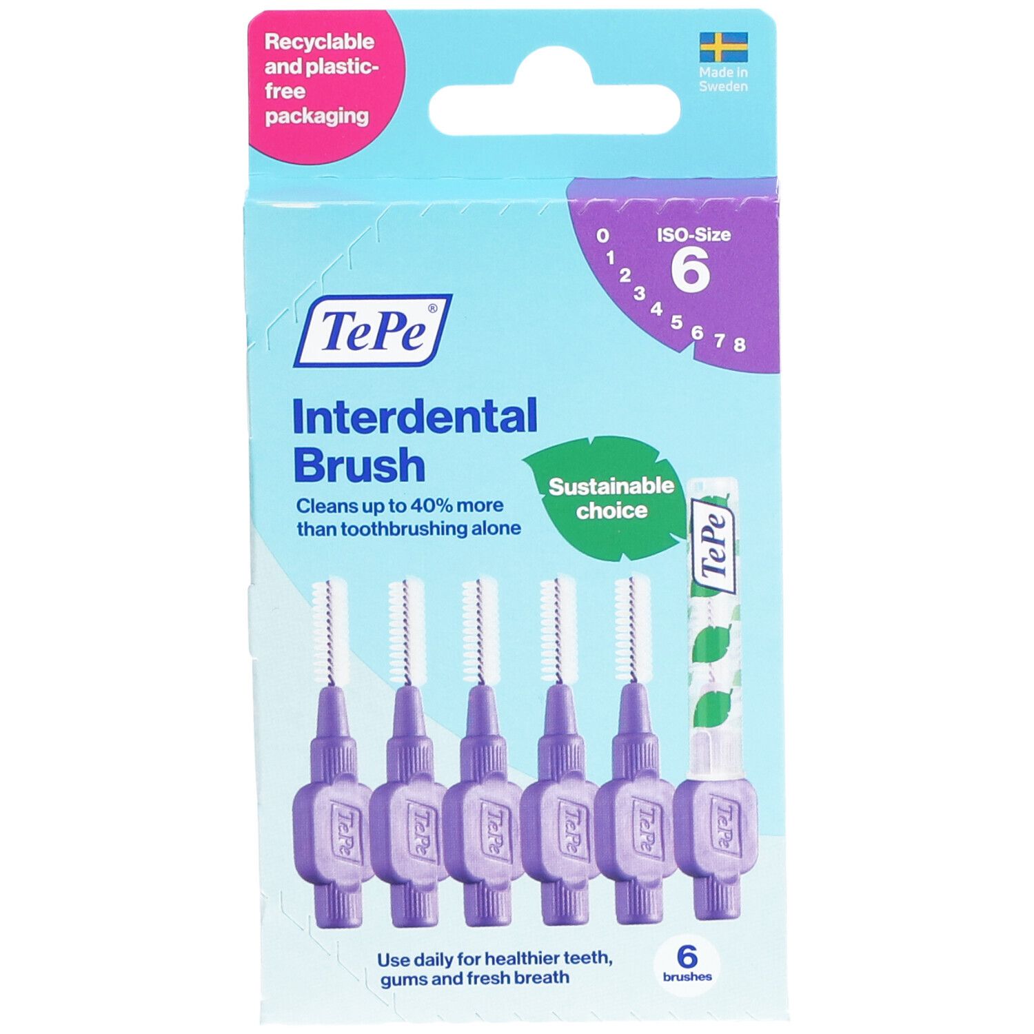 Côté de l'emballage avec informations sur les brossettes interdentaires. Marque TePe. Indications de taille.