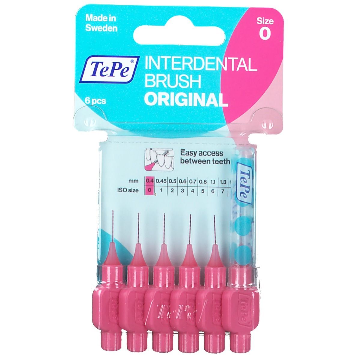 6 roze interdentale borstels in plastic verpakking. Merk TePe, Original. Maat 0, 0,4 mm. Productinformatie op de verpakking.