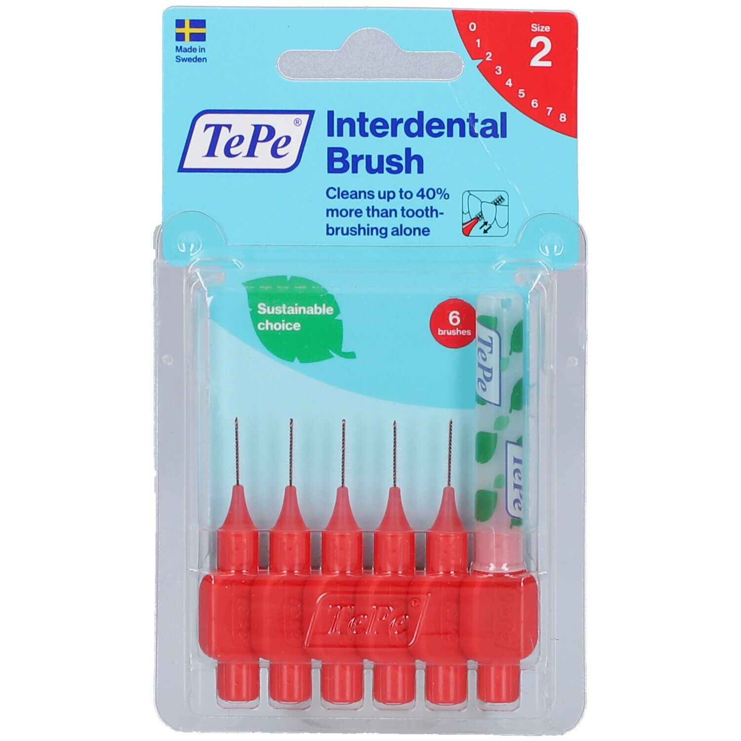 Verpakking met rode tandenstokers. Zes stuks, maat 2. Merk TePe. "Interdental Brush" staat op de verpakking.