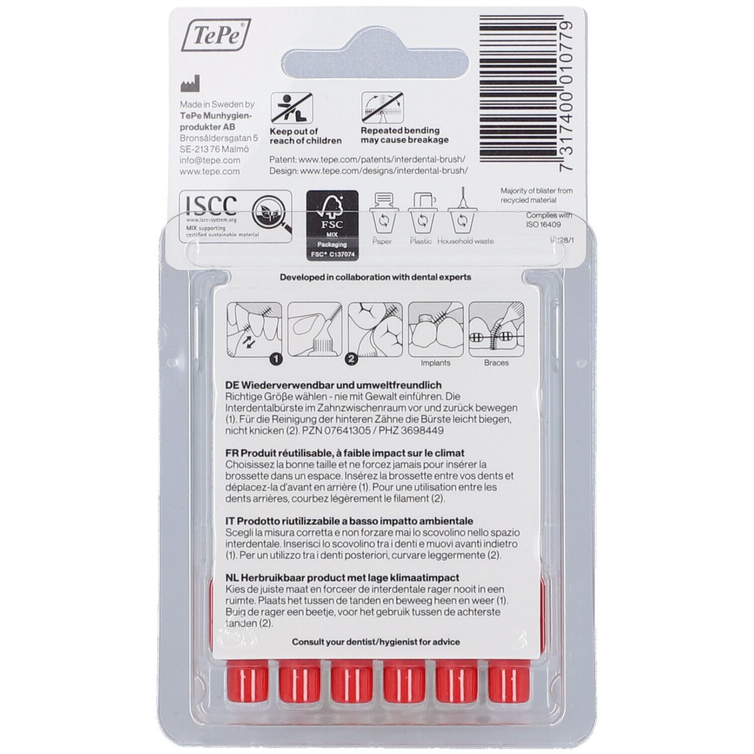 Achterkant van de verpakking met rode tandenstokers. Informatie over fabrikant, recycling en gebruiksaanwijzing in meerdere talen.