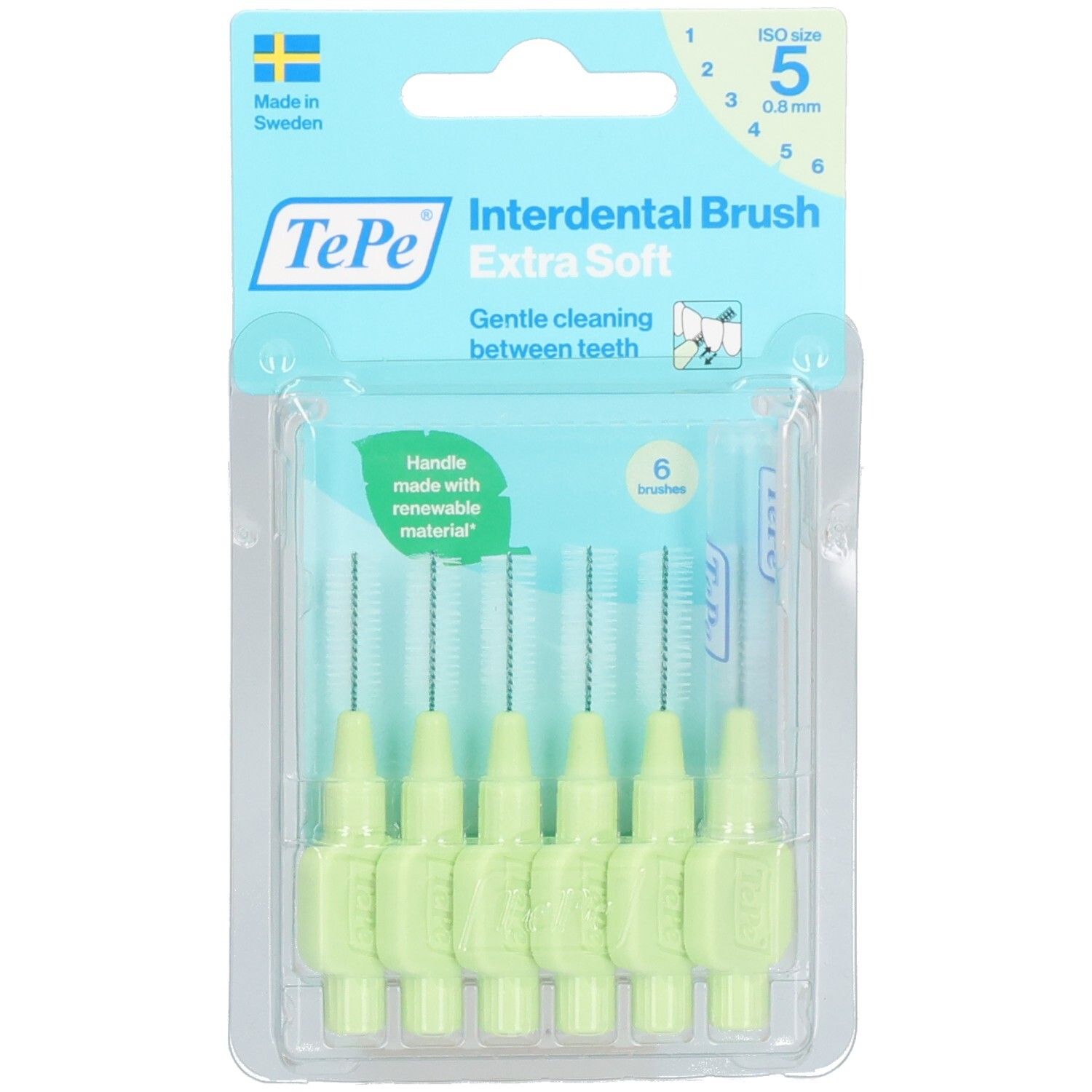 Paquet de six brossettes interdentaires vert clair. Inscription: TePe Interdental Brush Extra Soft. Taille 5, 0,8 mm. Fabriqué en Suède. Manche en matériau renouvelable.