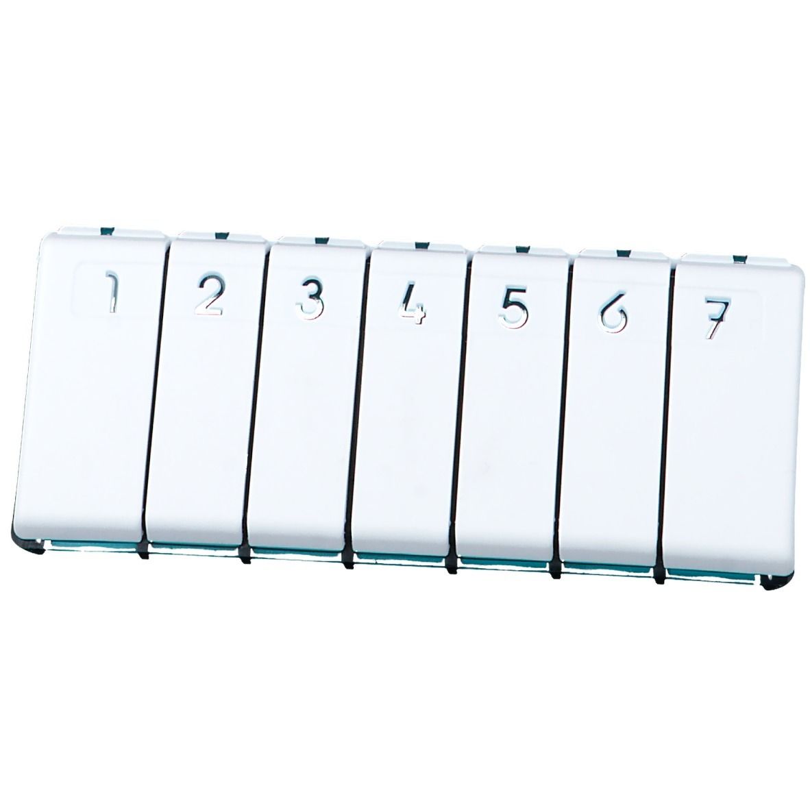 Witte pillendoos met 7 vakken, genummerd van 1 tot 7.