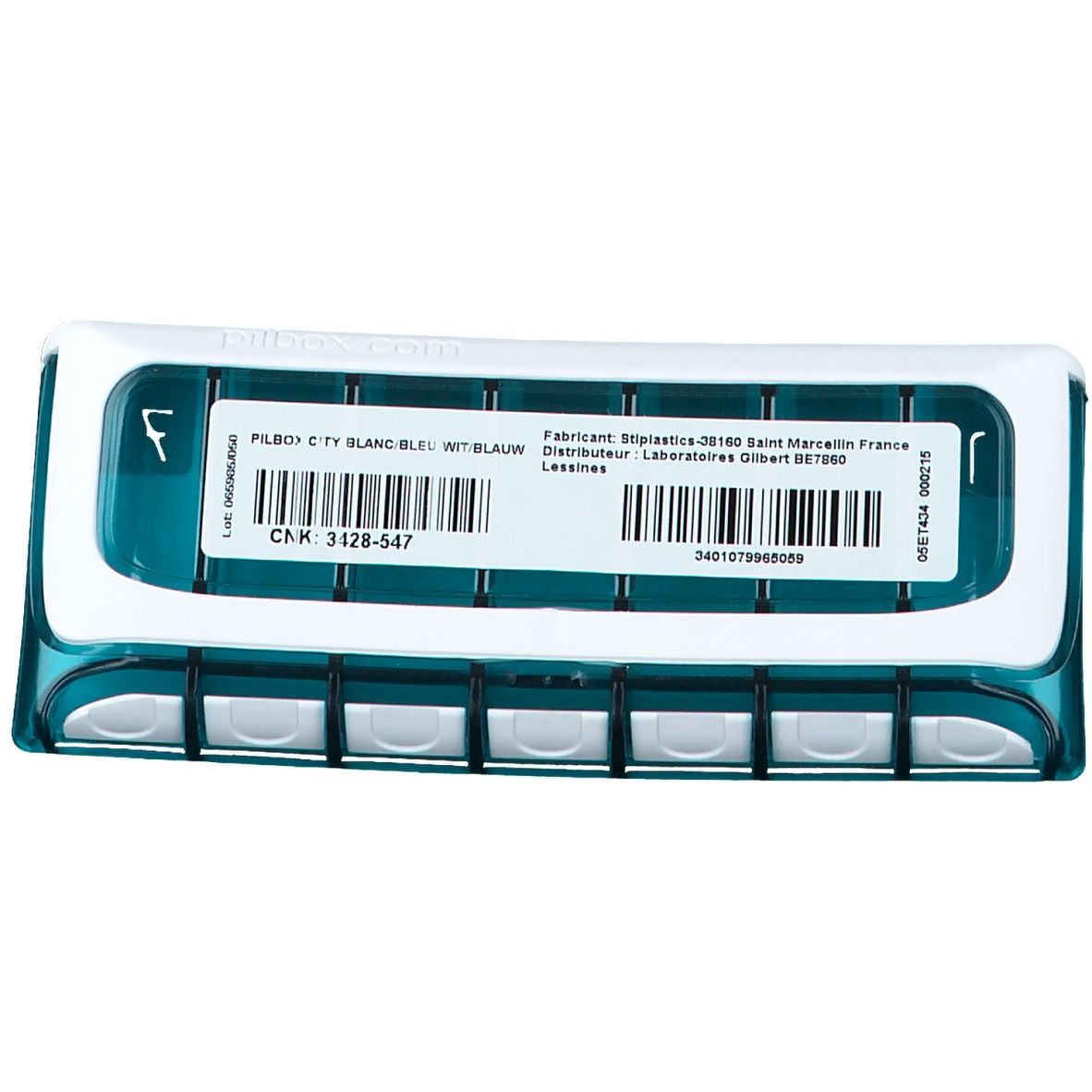Verpakking van een witte en blauwe PILBOX City pillendoos met etiket.