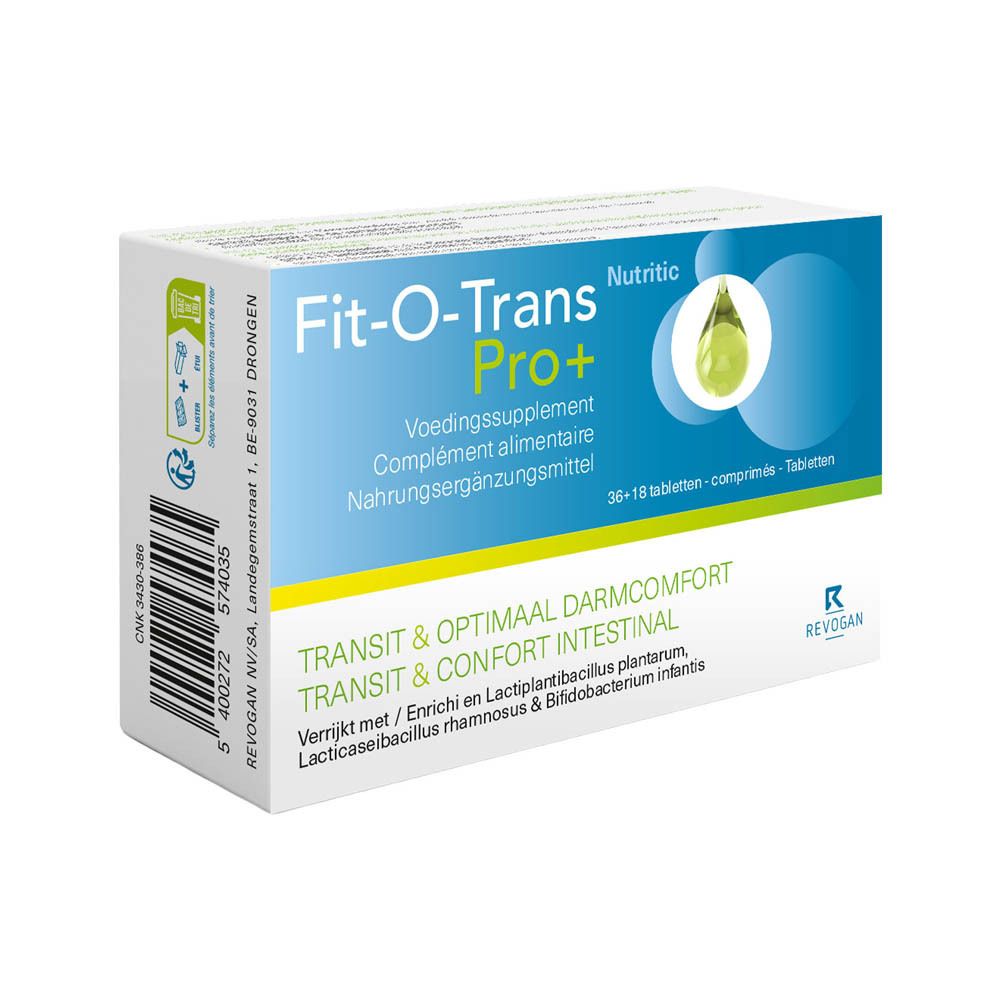 Doosje Fit-O-Trans Pro+ voedingssupplement. Bevat 36+18 tabletten. Opschrift: Transit & optimaal darmcomfort.