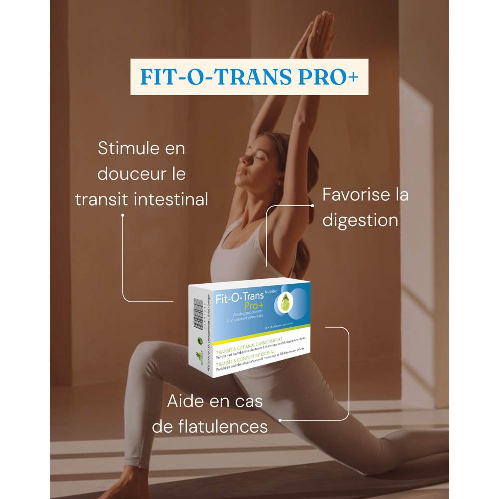 Visuel publicitaire avec Fit-O-Trans Pro+ et une femme faisant du yoga. Texte : Favorise la digestion, aide en cas de flatulences.